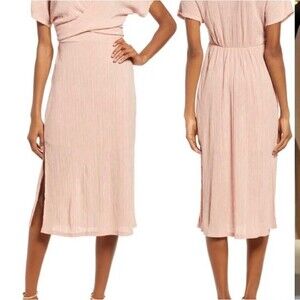 FLORET STUDIOS PHOEBE V-NECK MIDI DRESS IN PEACH BEIGE SIZE MEDIUM